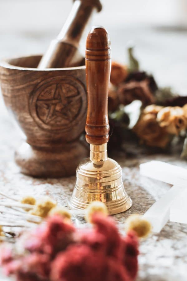 gold finish Altar Bell with Wooden handle
